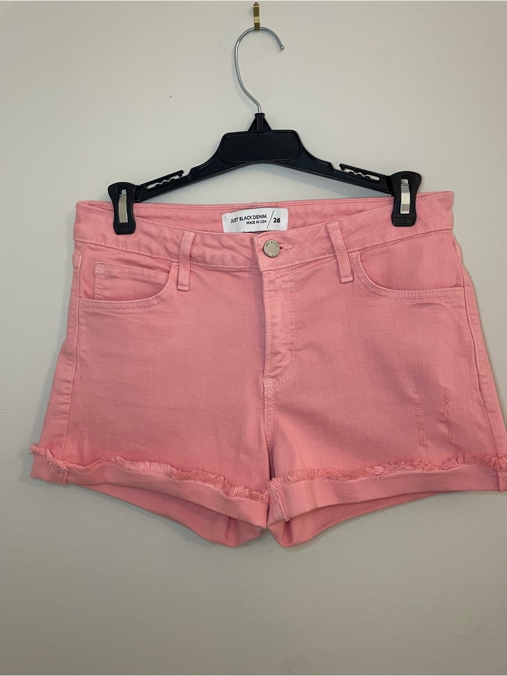Just Black Coral Pink High-Rise Frayed Denim Shorts